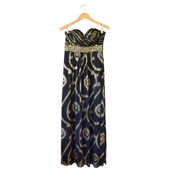 Betsy & Adam Black Metallic Gold Swirl Embellished Strapless Maxi Dress Gown - Picture 6 of 11